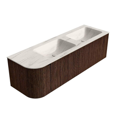 MONDIAZ KURVE-DLUX Meuble de salle de bains 145cm arrondi à gauche couleur Walnut avec 1 tiroir et 1 porte. Lavabo LEAF Double / à droite 2 trous de robinet Meli.