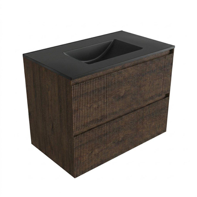 Saniclass Holz Atelier Ensemble meuble de salle de bains - 80x45x62cm - Vasque Vygo en céramique noire - 1 vasque - sans trou de robinet - 2 tiroirs - chêne charcoal mat (bois)