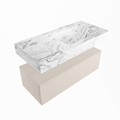 Mondiaz ALAN-DLUX Ensemble de meuble - 100cm - meuble Linen mat - 1 tiroir - Lavabo Cloud Glace suspendu - vasque Droite - 1 trou de robinet