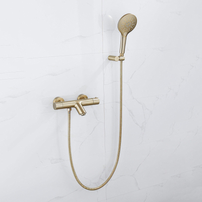 FugaFlow Eccelente Sobrado Robinet de baignoire thermostatique avec douchette ronde, support et flexible métal Laiton brossé PVD