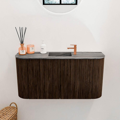 Mondiaz JOYA-DLUX 83.2cm toiletmeubel - ronding links en rechts kleur Walnut - Wastafel FAYE positie Midden 1 kraangat kleur Sombra.