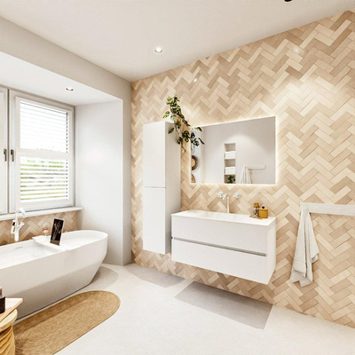 MONDIAZ VICA meuble sous lavabo 100cm Talc 2 tiroirs. Lavabo CLOUD centre 1 trou de robinet, couleur Talc.