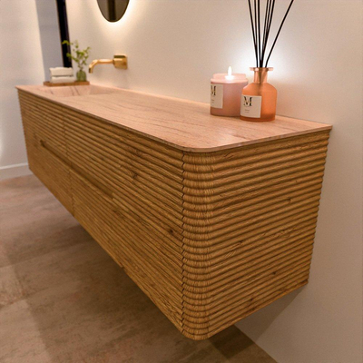 Mondiaz CIRO-DLUX Ensemble de meubles de salle de bains - 180x45x50cm - vasque en solid surface Saba - 1 lavabo à gauche - sans trous de robinet - 4 tiroirs - Chêne