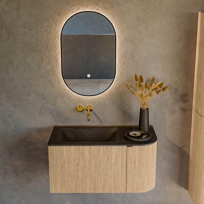 MONDIAZ KURVE Meuble de salle de bains 85 cm avec module 25 R couleur Chêne avec 1 tiroir et 1 porte. Lavabo CLOUD gauche sans trou de robinet Urban.