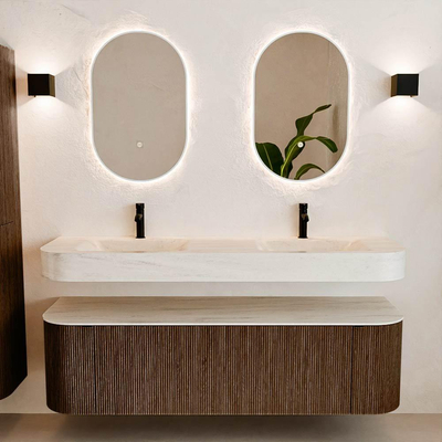 MONDIAZ THOR-DLUX 160cm meuble de salle de bains arrondi gauche + droite couleur Walnut avec 1 tiroir et 2 portes. Vasque suspendue CLOUD Double 2 trous de robinet couleur Meli.