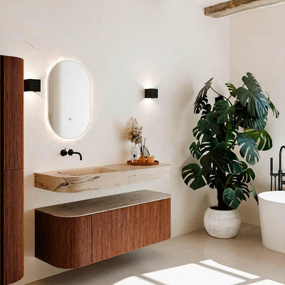 MONDIAZ THOR-DLUX 130cm meuble de salle de bains arrondi gauche + droite couleur Ruby avec 1 tiroir et 2 portes. Vasque suspendue CLOUD Gauche sans trou de robinet couleur Arena.