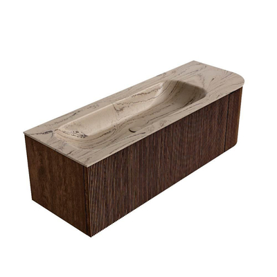 MONDIAZ KURVE-DLUX Meuble de salle de bains 135cm arrondi à droite couleur Walnut avec 1 tiroir et 1 porte. Lavabo BIG MEDIUM gauche sans trou de robinet Arena.