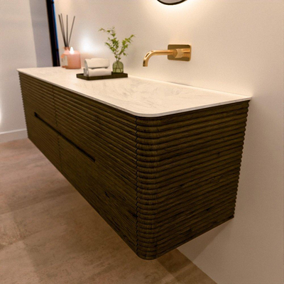 Mondiaz CIRO-DLUX Badkamermeubelset - 160x45x50cm - Solid surface wastafel Opalo - 1 wasbak Rechts - zonder kraangaten - 4 lades - Shadow