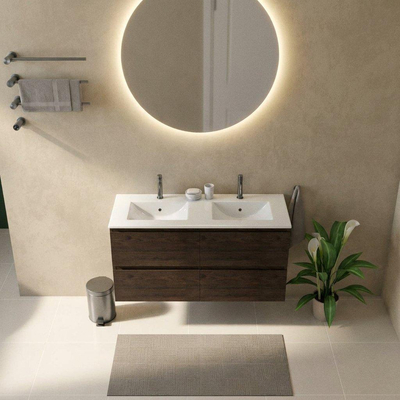Saniclass Holz Pure Ensemble meuble de salle de bains - 120x45x62cm - lavabo Vygo en céramique blanc - 2 vasques - 2 trous de robinetterie - 4 tiroirs - chêne charcoal mat (bois)