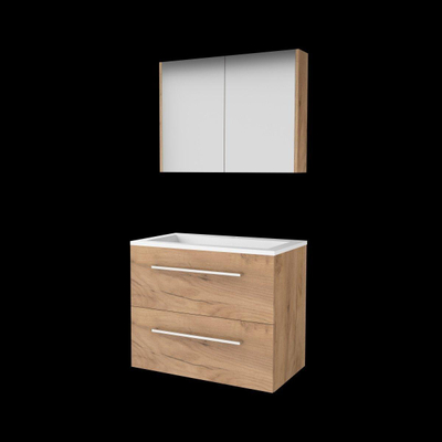 Basic-Line Comfort 46 ensemble de meubles de salle de bain 80x46cm avec poignées 2 tiroirs lavabo acrylique 1 trou de robinetterie armoire de toilette mfc whisky oak