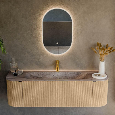 MONDIAZ KURVE-DLUX Meuble de salle de bains 150cm arrondi Gauche + Droite couleur Chêne avec 1 tiroir et 2 portes. Lavabo BIG MEDIUM Centre 1 trou de robinet Oza.