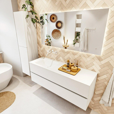 VICA Meuble de salle de bains 140cm sous-meuble Talc 2 tiroirs. Lavabo CLOUD gauche sans trou de robinet, couleur Talc.