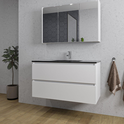 Adema Chaci Ensemble de meuble - 100x46x57cm - 1 vasque en céramique noire - 1 trou de robinet - 2 tiroirs - armoire de toilette - blanc mat