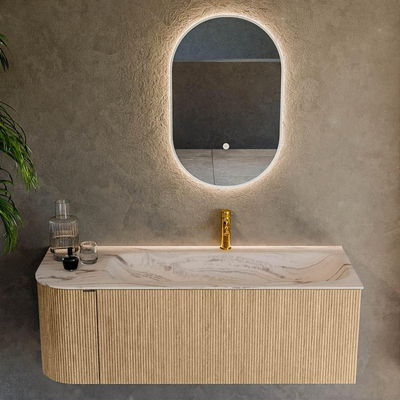 MONDIAZ KURVE-DLUX Meuble de salle de bains 125cm arrondi à gauche couleur Chêne avec 1 tiroir et 1 porte. Lavabo BIG MEDIUM à droite 1 trou de robinet Nata.