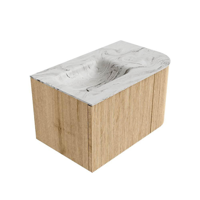 MONDIAZ KURVE-DLUX 75cm Meuble salle de bain avec module 25 D - couleur Oak - 1 tiroir - 1 porte - vasque GRUNNE gauche - sans trou de robinet - couleur Glace