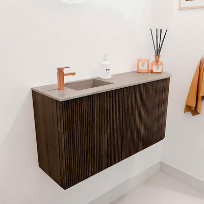 Mondiaz JOYA-DLUX 81.6cm toiletmeubel - ronding rechts kleur Walnut - Wastafel FAYE positie Links 1 kraangat kleur Saba.