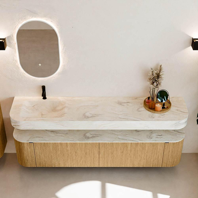 MONDIAZ THOR-DLUX 200cm meuble de salle de bains arrondi gauche + droite couleur Oak avec 2 tiroirs et 2 portes. Vasque suspendue CLOUD Gauche 1 trou de robinet couleur Ostra.