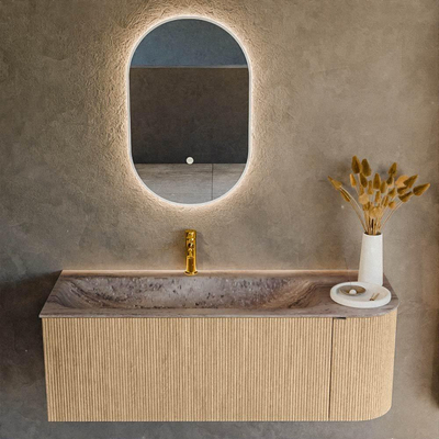 MONDIAZ KURVE-DLUX Meuble de salle de bains 125cm arrondi à droite couleur Chêne avec 1 tiroir et 1 porte. Lavabo BIG MEDIUM à gauche 1 trou de robinet Oza.