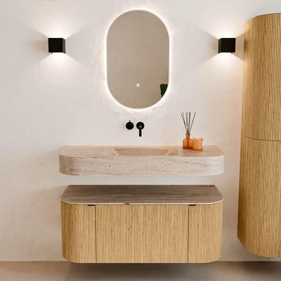 MONDIAZ THOR-DLUX 110cm badmeubel ronding links + rechts kleur Oak met 1 lade en 2 deuren. Vrijhangende wastafel CLOUD Midden zonder kraangat kleur Saba.