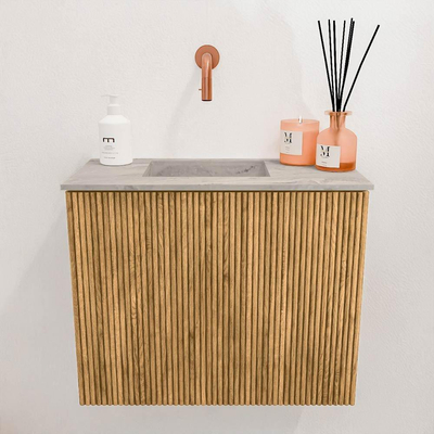 Mondiaz JOYA-DLUX 50cm toiletmeubel - kleur Oak - Wastafel FAYE positie Links Zonder kraangat kleur Glace.