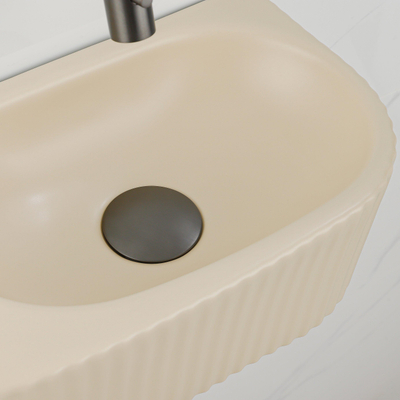 QeramiQ Fuente Ensemble de Lavabo - 40x21.5x12cm - strié - demi-rond - sans trou pour robinet - céramique - ensemble de robinet gunmetal - bouchon de vidange - siphon abaissé - beige