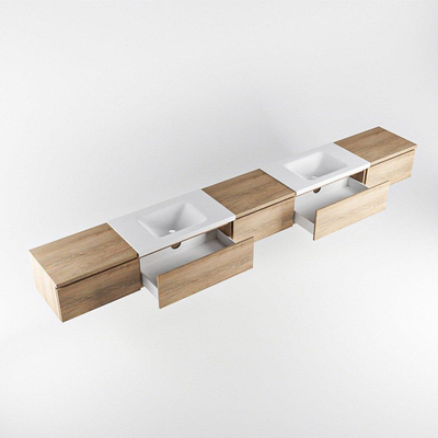 MONDIAZ BUKLA meuble de salle de bain 340cm avec module 60 couleur Chêne blanchi avec 5 tiroirs. Lavabo CLOUD double 2 trous de robinet couleur Talc.