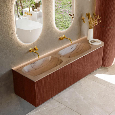 MONDIAZ KURVE-DLUX Meuble de salle de bains 165cm arrondi à droite couleur Ruby avec 2 tiroirs et 1 porte. Plan-vasque STOR SMALL Double / gauche sans trou de robinet Arena.