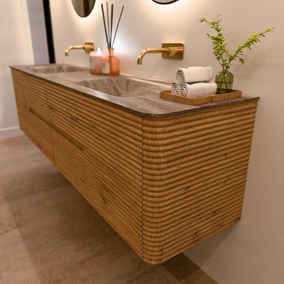 Mondiaz CIRO-DLUX Badkamermeubelset - 190x45x50cm - Solid surface wastafel Oza - 2 wasbak Dubbel - zonder kraangaten - 4 lades - Oak