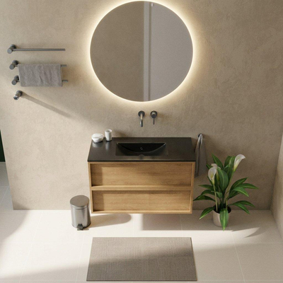 Saniclass Holz Frame Ensemble meuble de salle de bains - 100x45x62cm - Lavabo Vygo en céramique noir - 1 vasque - sans trou de robinetterie - 2 tiroirs - chêne natural mat (bois)