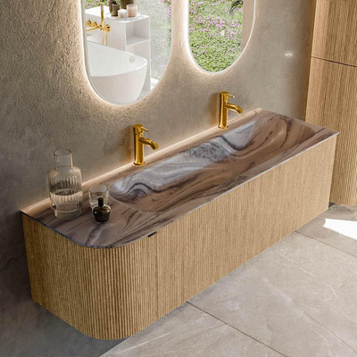 MONDIAZ KURVE-DLUX Meuble de salle de bains 145cm arrondi à gauche couleur Chêne avec 1 tiroir et 1 porte. Lavabo BIG LARGE à droite 2 trous de robinet Sombra.