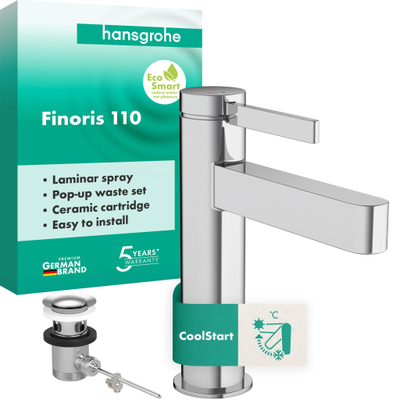 Hansgrohe Finoris wastafelkraan - model 110 - coolstart - met trekwaste - chroom
