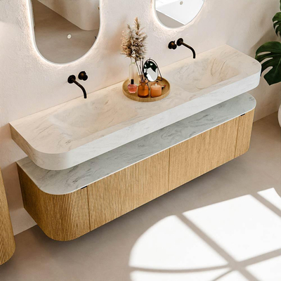 MONDIAZ THOR-DLUX 180cm meuble de salle de bains arrondi gauche + droite couleur Chêne avec 2 tiroirs et 2 portes. Vasque suspendue CLOUD Double sans trou de robinet couleur Opalo.