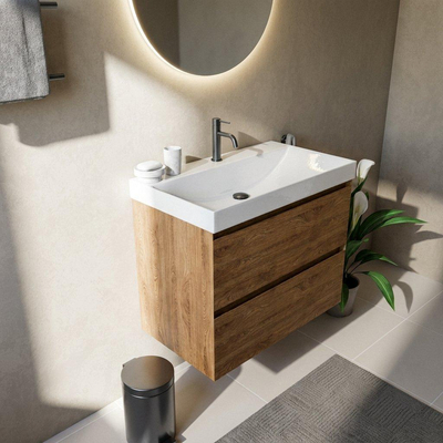 Saniclass Holz Pure Ensemble meuble de salle de bains - 80x45x67.5cm - lavabo Wave en céramique - 1 vasque - 1 trou de robinetterie - 2 tiroirs - chêne naturel mat (bois)