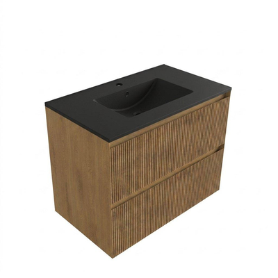 Saniclass Holz Atelier Ensemble meuble de salle de bains - 80x45x62cm - Lavabo Vygo en céramique noir - 1 vasque - 1 trou de robinet - 2 tiroirs - chêne natural mat (bois)