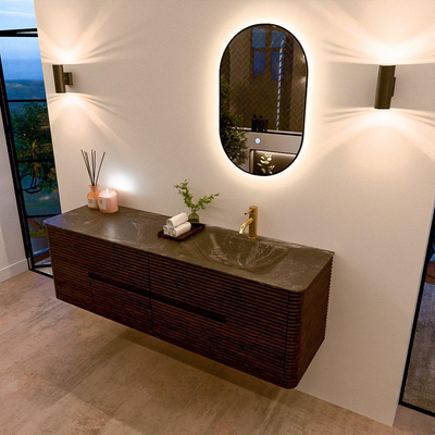 Mondiaz CIRO-DLUX Ensemble de meubles de salle de bains - 160x45x50cm - Lavabo solid surface Lava - 1 vasque à droite - 1 trou de robinet - 4 tiroirs - Noyer