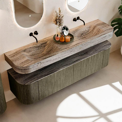 MONDIAZ THOR-DLUX 180cm meuble de salle de bains arrondi gauche + droite couleur Shadow avec 2 tiroirs et 2 portes. Vasque suspendue CLOUD Double sans trou de robinet couleur Oza.