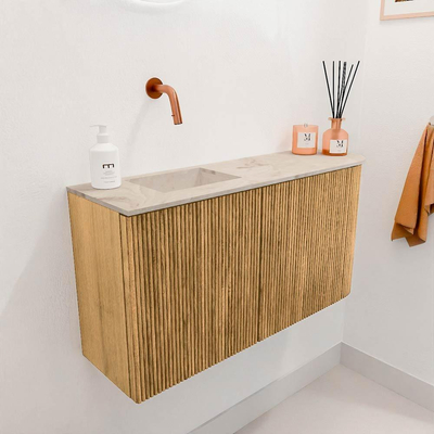 Mondiaz JOYA-DLUX 81.6cm toiletmeubel - ronding rechts kleur Oak - Wastafel FAYE positie Links Zonder kraangat kleur Frappe.
