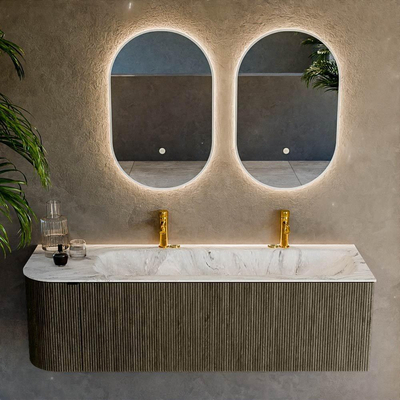 Mondiaz KURVE-DLUX Ensemble de meuble salle de bain - 145x46x40cm - 1 tiroir - 1 porte - lavabo en solid surface - droite - 2 trous de robinet - Shadow