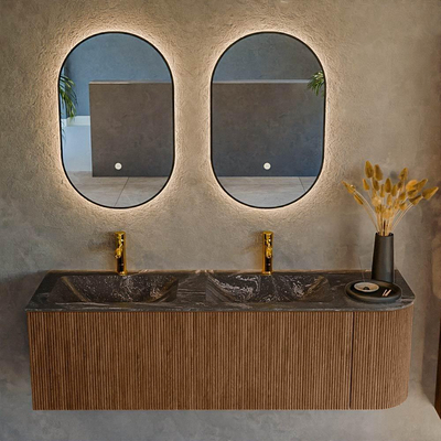 MONDIAZ KURVE-DLUX 145cm Meuble salle de bain avec module 25 D - couleur Walnut - 1 tiroir - 1 porte - vasque LEAF double / gauche - 2 trous de robinet - couleur Lava