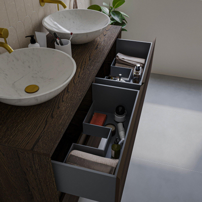Saniclass Holz Atelier Meuble de salle de bain - 120x45x60cm - lavabo en céramique blanc - 2 vasques - 2 trous de robinet - 2 tiroirs - Charcoal