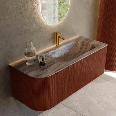 MONDIAZ KURVE-DLUX Meuble de salle de bains 115cm arrondi à gauche couleur Ruby avec 1 tiroir et 1 porte. Lavabo BIG SMALL à droite 1 trou de robinet Oza.