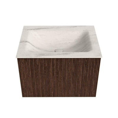 MONDIAZ KURVE-DLUX 60cm badmeubel kleur Walnut met 1 lade en 0 deuren. Wastafel CLOUD Midden zonder kraangat Meli.