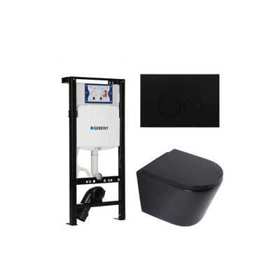 QeramiQ Dely Toiletset - 36.3x51.7cm - diepspoel - rimless - Geberit UP320 plieger inbouwreservoir - softclose toilet zitting - 35mm - metaal mat zwarte bedieningsplaat - ronde knoppen - mat zwart