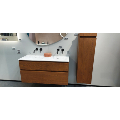 BRAUER Glacier wastafel 120x46x2cm 2 wasbakken zonder kraangaten mat wit MET Delight wastafelonderkast 2 softclose lades lamellen eiken bruin EN Joy badkamerkast 120x35x35cm SHOWROOMMODEL