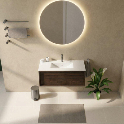 Saniclass Holz Frame Ensemble meuble de salle de bains - 100x45x42cm - Lavabo Vygo en céramique blanc - 1 vasque - 1 trou de robinetterie - 1 tiroir - chêne charcoal mat (bois)