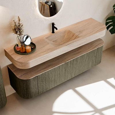 MONDIAZ THOR-DLUX Meuble de salle de bains 170cm arrondi gauche + droite couleur Shadow avec 1 tiroir et 2 portes. Vasque suspendue CLOUD Milieu 1 trou de robinet couleur Saba.