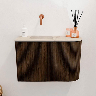 Mondiaz JOYA-DLUX 61.6cm toiletmeubel - ronding rechts kleur Walnut - Wastafel FAYE positie Links Zonder kraangat kleur Frappe.