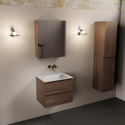Mondiaz AIVY Ensemble de meuble - 60x45x50cm - 0 trous de robinet - 1 vasque Talc Solid surface - Centre - 2 tiroirs - avec armoire de toilette - Melamine Mocha