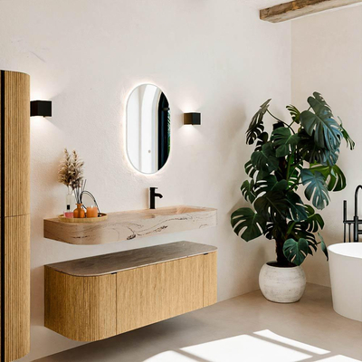 MONDIAZ THOR-DLUX 130cm badmeubel ronding links + rechts kleur Oak met 1 lade en 2 deuren. Vrijhangende wastafel CLOUD Rechts 1 kraangat kleur Arena.