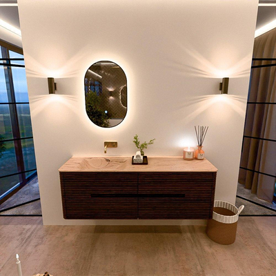 Mondiaz CIRO-DLUX Meuble de salle de bains - 150x45x50cm - Plan vasque solid surface Arena - 1 lavabo à gauche - sans trous de robinetterie - 4 tiroirs - Noyer